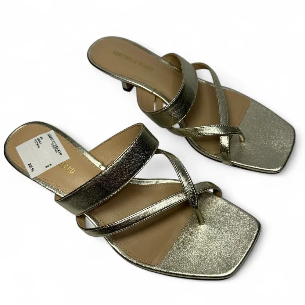 VERONICA BEARD Alanis Strappy Slip On Mid Heel Sandals, Gold, Size 8, NWOB